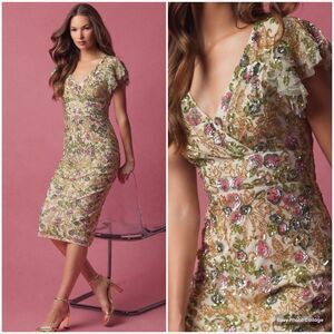 Mac Duggal Womens Floral Embellished Flutter Cap Sleeve Dress 5722 Cream